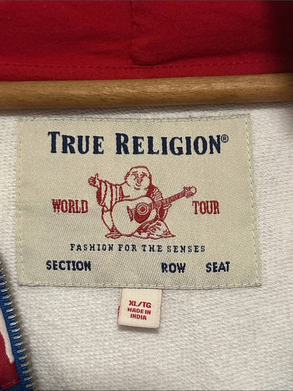 True Religion Blue, White & Red Logo Tape Zip Hoodie